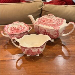 VINTAGE Johnson Bros Old Britain Castle Cream Sugar Set England Cottagecore Red